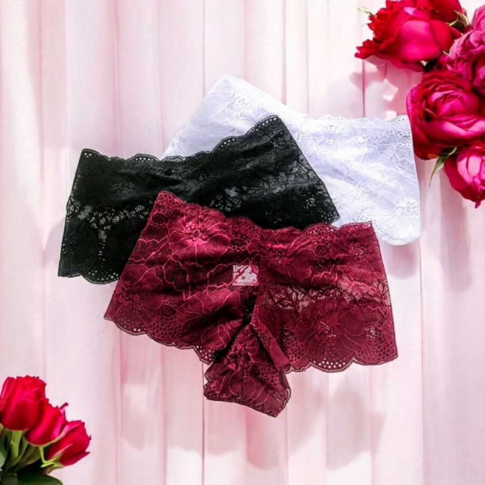 3 Pc Sexy Lace Panties. Burgundy, White, Black-Size 2XL
